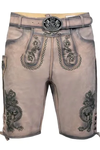 Edelnice Kurze Lederhose Felix aus Ziegenleder - Traditionelle Trachtenlederhose aus weichem Ziegenleder in Vintage Optik, inkl. Gürtel. Mit einzigartiger rauer Stickerei für einen coolen Used Look und optimalem Tragekomfort durch individuelle Beinweitenanpassung.