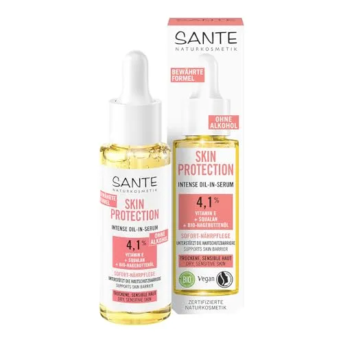 SANTE Naturkosmetik Serum mit Vitamin E, Squalan & Bio-Hagebuttenöl, sofort nährende Pflege für beruhigte, regenerierte Haut & ein weiches Hautgefühl, Skin Protection Intense Serum, 30 ml