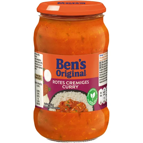 Bens Original Sauce Rotes Cremiges Curry 400g - Fertigsauce mit feiner Kokosnuss und Tomate, ideal für eine schnelle und köstliche Mahlzeit.