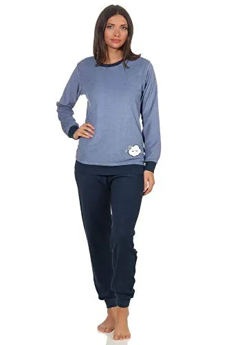Damen Frottee Pyjama Langarm Schlafanzug mit Bündchen und süsser Applikation - 201 13 565, Farbe:hellblau, Größe2:48/50