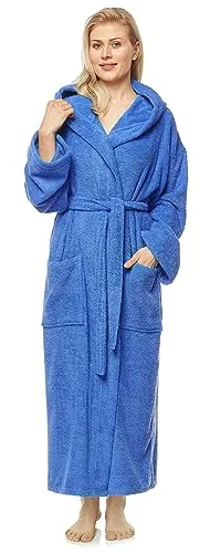 Arus Damen-Bademantel mit Kapuze, knöchellang, Baumwolle, L-XL Lang, Königsblau