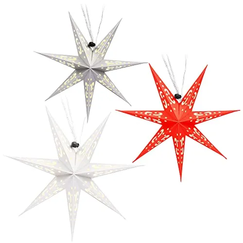 com-four® 3X Leuchtstern in 3D mit LEDs - Weihnachtsstern mit LED Beleuchtung und Timer - Premium Papierstern zum Aufhängen