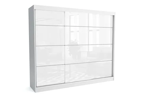 Brent - Kleiderschrank Schiebetüren July, 250cm Breit, Schlafzimmerschrank mit 1 Kleiderstange und Einlegeböden für Kleidung, Kleiderschrank Weiß Matt/Weiß Hochglanz