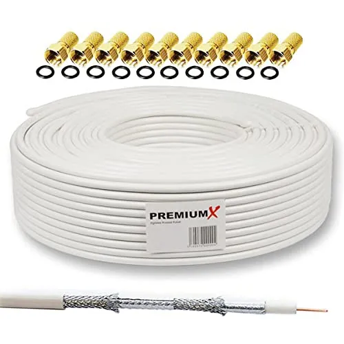 Premium X 25m SAT Koaxial Kabel 135dB - HiFi-Kabel für Satellitenanlagen, 4-fach abgeschirmt mit 135 dB für hervorragenden Empfang. Inklusive 10 F-Steckern, ideal für 4K UHD, Full HD und alle gängigen Formate.