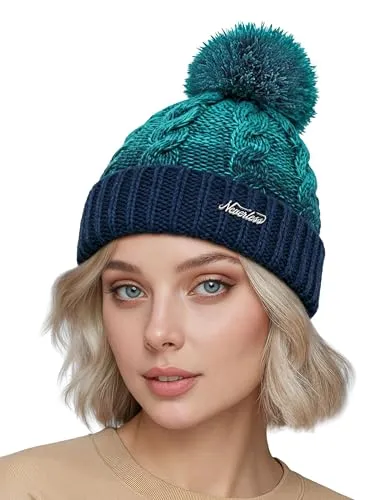 Neverless Strick-Mütze Damen Grobstrick Pudel-Mütze zweifarbig Ombré Bommel-Mütze Winter-Mütze Tuerkis-Navy Unisize