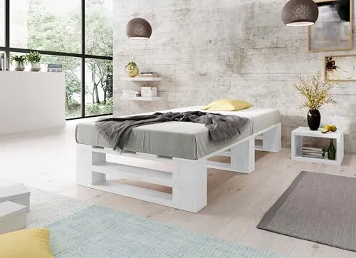 Lermowood Palettenbett M2 aus Holz 90 x 200 cm Weiß mit Lattenrost Holzbett 40cm Stabiles Seniorenbett Kinderbett Jugendbett Gästebett erhöhtes Einzelbett Bettgestell Futonbett Komforthöhe