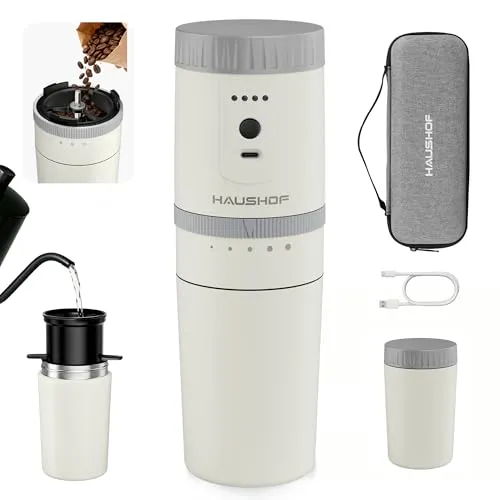 HAUSHOF Elektrische Kaffeemühle, Tragbares Kegelmahlwerk Kabellos in Weiß mit Integrierter Infusion, Manuelles Kit mit Edelstahlfilter und Thermobecher für Reisen, Camping und Outdoor