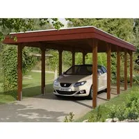 Einzelcarport SKAN HOLZ Spreewald mit roter Blende - Robuster Flachdach-Carport aus hochwertigem Holz, inkl. Pfostenanker für einfache Montage und optimalen Schutz Ihres Fahrzeugs.