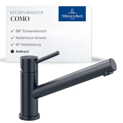 Villeroy & Boch Como Anthracite Niederdruckarmatur - Elegante Armatur mit Festauslauf und 360° Schwenkbereich, ideal für moderne Küchen – sorgt für einen komfortablen Wasserfluss von 12,5 l/min.