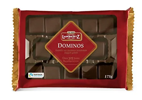 Lambertz Dominos Zartbitter 175 g - Lebkuchen mit doppelt gefülltem, lockerem Teig, umhüllt von 25% Zartbitterschokolade aus Fairtrade Kakao – ein unwiderstehlicher Genuss!