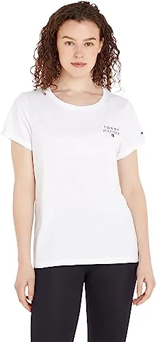 Tommy Hilfiger Damen T-Shirt Kurzarm Rundhalsausschnitt, Weiß (White), XS - T-Shirts für Damen: Hochwertiges Kurzarmshirt aus 100% Übergangs-Baumwolle, ideal für jeden Anlass und perfekten Tragekomfort.