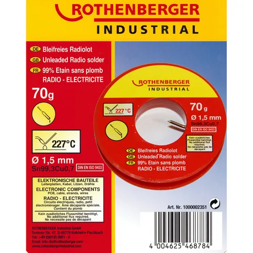 Rothenberger Industrial bleifrei Radiolot/Lötzinn 70g Ø1,5mm Sn99Cu1 Flussmittel