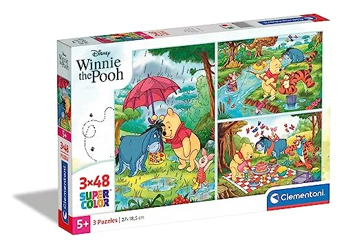 Clementoni 25232 Supercolor Winnie The Pooh – Puzzle 3 x 48 Teile ab 4 Jahren, buntes Kinderpuzzle mit besonderer Leuchtkraft & Farbintensität, Geschicklichkeitsspiel für Kinder