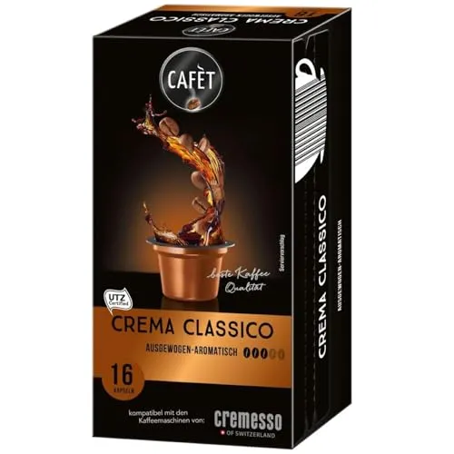 Cafè für Cremesso Crema Classico 16 Stück - Kaffeekapseln & Pads für köstlichen Kaffeegenuss, umweltfreundlich dank aluminiumfreier Kapseln und UTZ zertifiziert, Stärkegrad: 3/5.