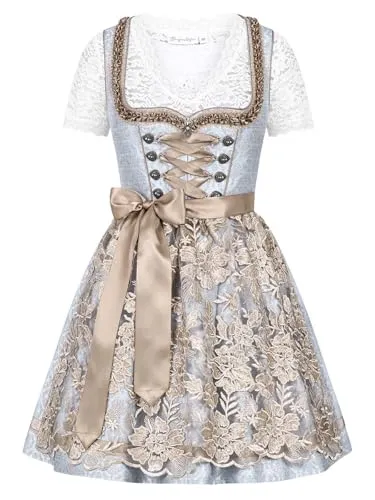 Steigenhöfer Manufaktur Dirndl Damen im Set - Vicky - Mit Miederhaken, funkelnden Steinen und Perlen (Das Set beinhaltet Kleid, Bluse und Schürze) Midi Dirndl - 60cm Rock - Miederhaken mit funkelnden Steinen & Perlen blau 42
