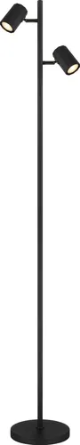 Schwarze 2-flammige Stehlampe mit schwenkbaren Spots - Stehleuchten für modernes Wohnen, elegante Verarbeitung aus mattem Metall und Aluminium, mit Fußtrittschalter für einfache Bedienung.