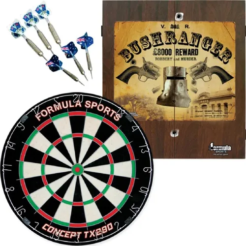 Dartspiel Set mit 6 Pfeilen, Dartscheibe und Dartschrank – Für unvergessliche Spielabende - Entdecke das elegante Dartspiel Set mit einem hochwertigen Concept TX290 Dartboard und zwei Sets Messing-Darts. Das stilvolle MDF-Gehäuse mit Bushranger-Motiv sorgt für einen echten Hingucker in jedem Raum.
