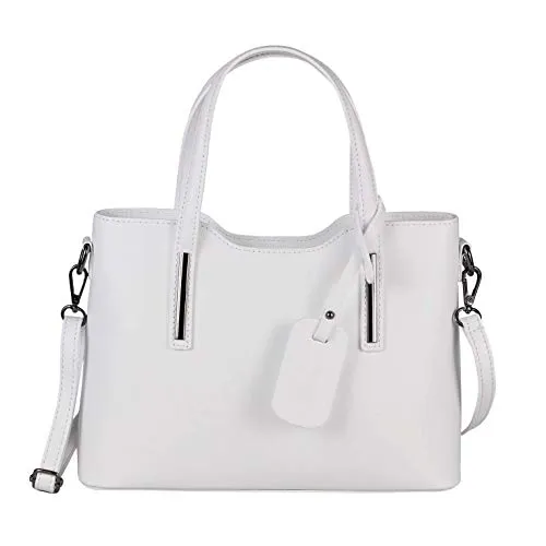 OBC Made IN Italy Damen Echt Leder Tasche Business Shopper Schultertasche Handtasche Ledertasche Umhängetasche Rindsleder Freizeittasche Weiss