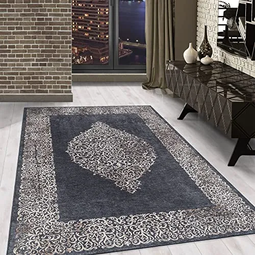 Carpetsale24 Waschbarer Kurzflor Teppich Schwarz 140x200 cm Ornament Design mit Rutschfester Rückseite, Hautfreundlich & Pflegeleicht, Ideal für Wohnzimmer, Schlafzimmer, Flur & mehr