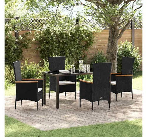 furnicato Garten-Essgruppe Schwarzes Lounge Möbelset mit Echtholz-Armlehnen - Elegantes Garten-Essgruppen-Set für stilvolle Außenbereiche. Robust und wetterfest, ideal für gesellige Zusammenkünfte oder entspannte Momente im Freien.