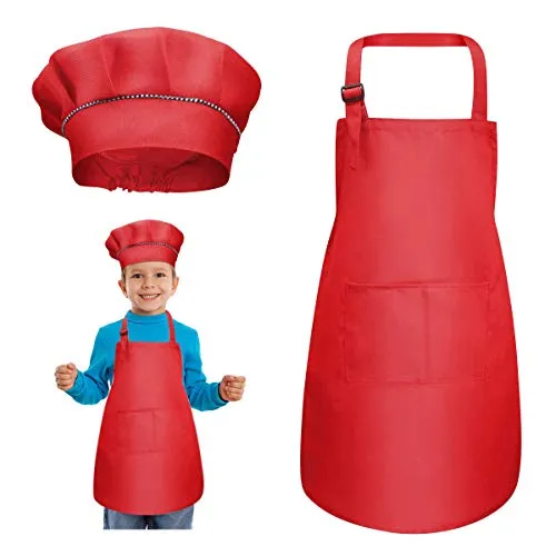 kissral Kinder Schürze und Kochmütze Set, Verstellbare Kinder Kochschürze Kinderschürze zum Bemalen Schürze Küchenschürze Bastelschürzen mit Taschen zum Kochen Backen Malen 4-12 Jahre alt L (Rot)
