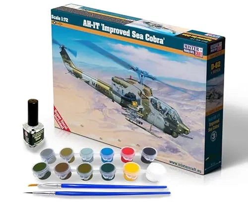 Mistercraft Modellbausatz Helikopter AH-1T Sea Cobra Maßstab 1:72, Plastikbausatz, Bausatz zum Zusammenbauen, Inklusive Klebstoff, Kunststoffmodell, Bauanleitung, Set mit Farben, 187mmx198mm