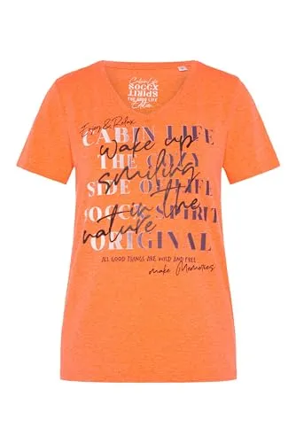 SOCCX Damen T-Shirt V-Ausschnitt mit Colour Gradient Print Brilliant Orange Neon, S