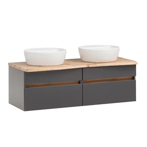 Doppelwaschtisch VIDAGO-03 mit Aufsatzbecken - Modernes Badmöbelset in Grau mit Baumkantenoptik, inklusive 2 Softclose-Schubladen und Made in Germany Qualität. Ideal für stilvolle Badezimmer.