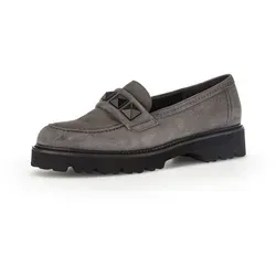 Gabor Sportliche Slipper für Damen - Slipper & Loafer aus grauem Velourleder, mit breitem Zierriemen und Nieten. Höchster Tragekomfort durch gepolsterte Lederdecksohle und rutschhemmende Laufsohle – ideal für modebewusste Frauen.