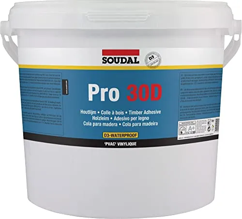 Soudal Holzleim Pro 30D, D3, 5kg - Wasserfest für Innen und Außen - Holzleim D3, wasserfest nach DIN EN 204, ideal für Innen- und überdachte Außenanwendungen. Mit einer Verarbeitungszeit von nur 10 Minuten und 5 kg Füllmenge.