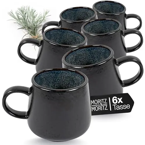 Moritz & Moritz SOLID 6er Tassen Set Schwarz/Grau - Kaffeebecher Set aus robustem Steinzeug - 400ml Volumen - Spülmaschinen- & mikrowellenfest - Perfekt für Kaffee, Tee & mehr