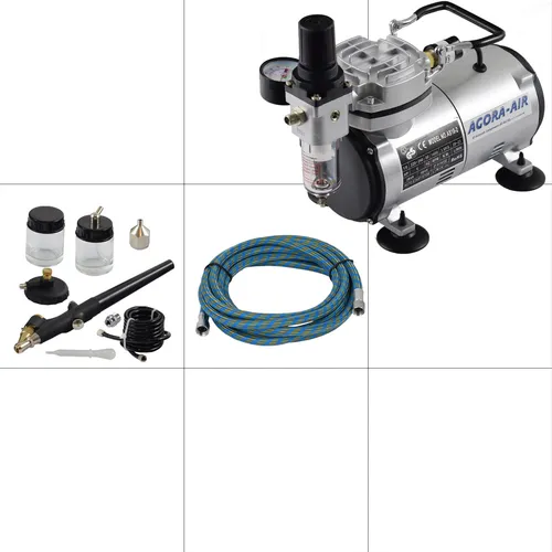 Agora-Tec® Airbrush Komplett-Set EXPERT I - Komplett-Set für Airbrush-Anwendungen: energiesparender, wartungsfreier Kompressor, leise mit nur 47 dB, ideal für Modellbau, Tattoos und mehr.