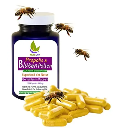 PROPOLIS + BLÜTENPOLLEN [SuperKombi] 120 Kapseln für innere Balance, Entspannung, Sport, Lernen, Workout, Training, Yoga, Fitness [NATUR Pur - OHNE ZUSATZSTOFFE 25603