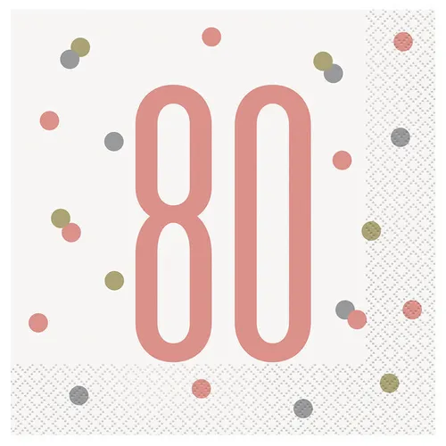 Servietten 80. Geburtstag, weiß-rosegold, Größe: ca. 33 x 33 cm, 16 Stück