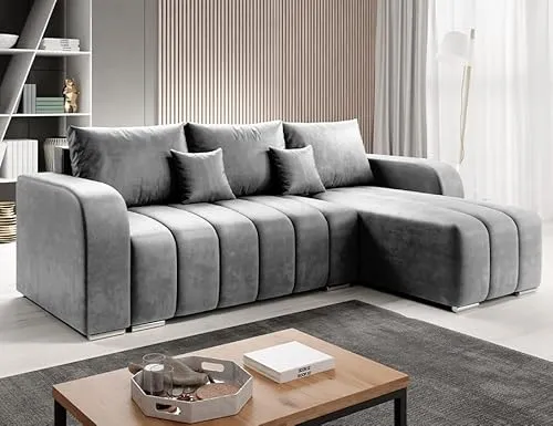 ML Furniture Ltd Velvet Ecksofa in L-Form 245 x 86 x 147 cm mit Schlaffunktion und Bettzeugbehälter - Schlafsofa mit Bettkasten - Eckcouch mit Stauraum - Rechts Couch Velours - Farbe: Graphit MO97