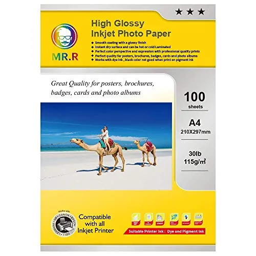MR.R 115g/m² 100 Blatt A4 Format einseitig hochglänzendes Inkjet-Fotopapier tintenstrahldrucker glänzend foto paper Sofort Trocken Wasserfest Hochweiß fotoblätter