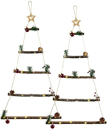 infactory Weihnachts-Bäume: 2er-Set Deko-Holzleitern, je 30 LEDs,Weihnachtsbaum-Form zum Aufhängen (Polyresin-Figur Weihnachten, Weihnachtsdekos Abendmahlszene, Weihnachtsartikel)