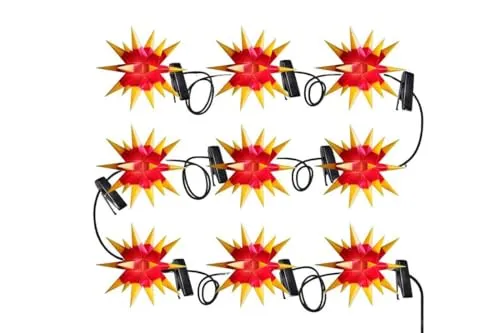 LED Mini Weihnachtssterne Sternenkette Lichterkette mit 9 Sternen wetterfest, rot-gelb Ø 12cm,Timer 6h, Trafo 230V 50Hz Innen und Außen für Weihnachten, Hochzeiten, Party, Dekoration, Geschenkidee