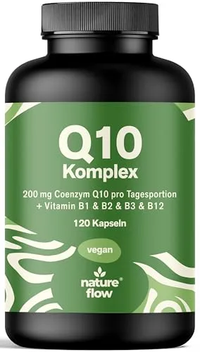 Q10 Kapseln Hochdosiert, 200 mg Coenzym Q10, 120 Vegane Kapseln | Q10 Komplex mit Vitamin B1, B2, B3 und B12, 1 Kapsel täglich für 120 Tage