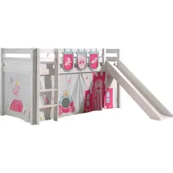 Kinderbett mit Rutsche Karolina aus Massivholz in Weiß - Modernes Spielbett mit Rutsche und Textilset 'Princess', ideal für Kinderzimmer. Robuste Verarbeitung aus Massivholz, mit umlaufendem Absturzschutz für sichere Nächte.