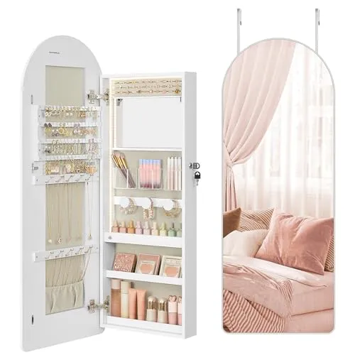 SONGMICS Schmuckkommode, Schmuckschrank, Spiegelschrank, Schmuck-Organizer mit LED-Beleuchtung, abschließbar, abgerundete Ecken, mit Innenspiegel, 10 x 42 x 108 cm, wolkenweiß JJC020W01