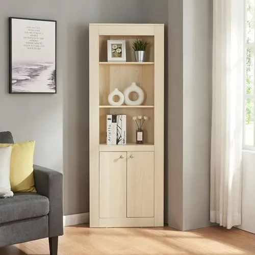 [en.casa] Eckschrank Eura - Eleganter Hochschrank für Wohnzimmer und Büro - Hochschrank fürs Wohnzimmer mit 2 Türen und 3 offenen Ablagen, ideal für stilvolle Präsentation und Aufbewahrung. Perfekt für Raumecken und einfach zu montieren.