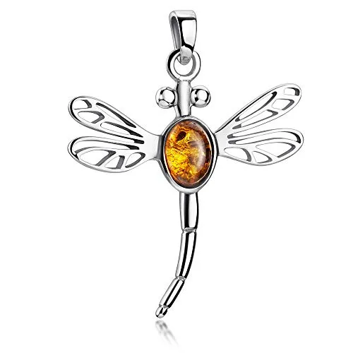 MATERIA 925 Silber Kettenanhänger Libelle - Damen Anhänger mit echtem Bernstein - Kettenanhänger Libelle aus 925 Sterling Silber mit echtem Bernstein, ideal für Allergiker. Rhodiniert für langanhaltenden Glanz und passend für Ketten bis 3mm Durchmesser.