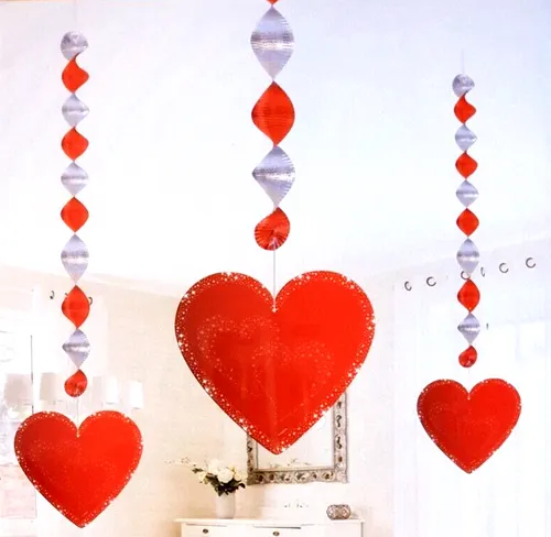 Spiralen  Herzen  3 mal  Hänge Dekoration rot silber  Neu