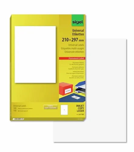 SIGEL LA182 Universal-Etiketten selbstklebend, bedruckbar, weiß, 210 x 297 mm (A4) - Computer-Etiketten in DIN A4 für vielseitige Beschriftungen, mit klaren Druckbildern und optimaler Geräteschonung dank Sicherheitskante. Ideal für InkJet- und Laser-Drucker.