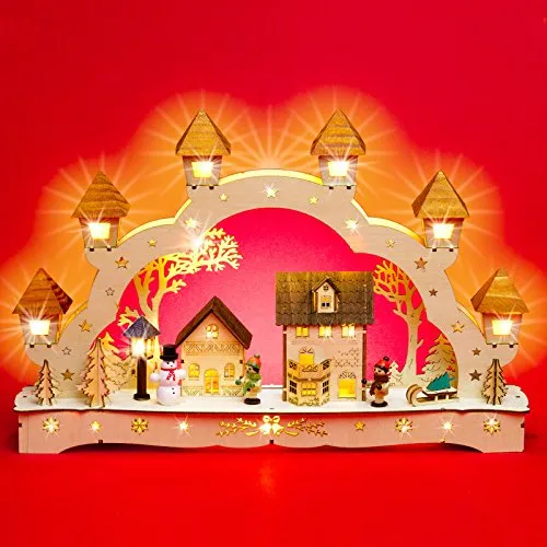 SIKORA LB75 LED Holz Schwibbogen WINTERDORF mit Laterne und Trafo - Hochwertiger 3D Lichterbogen für festliche Weihnachtsdekoration. Mit stromsparender LED-Technologie und praktischem Transformator. Höhe ca. 26 cm, Breite ca. 43 cm, auch batteriebetrieben möglich.