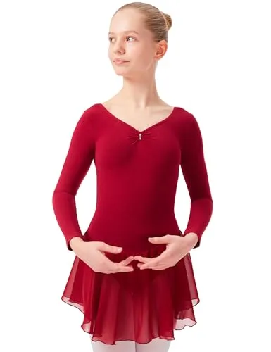 tanzmuster ® Ballettkleid Mädchen Langarm - Anna - aus weichem Baumwollstoff mit Glitzersteinen und Chiffon Röckchen fürs Kinder Ballett Ballettbodyin burgunder, Größe:92/98