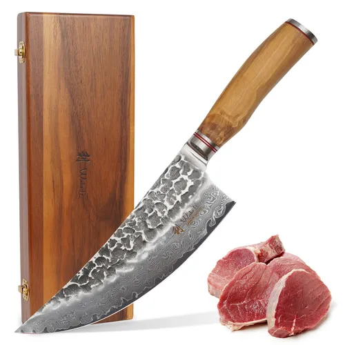 Wakoli Olive HS Damast Wiegemesser - 20 cm Klinge mit Olivenholzgriff - Küchenmesser mit 20 cm Damaststahl-Klinge, ideal zum Schneiden von Fleisch, Gemüse und Kräutern. Der ergonomische Olivenholzgriff sorgt für eine komfortable Handhabung.