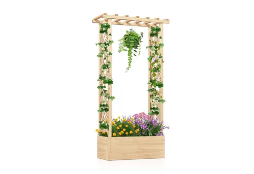 COSTWAY Hochbeet mit Rankgitter für Kletterpflanzen, 78x36x152 cm - Erhöhtes Pflanzgefäß aus langlebigem Tannenholz für kreative Gartenideen. Mit Rankgittern und optimalen Abflusslöchern für gesunde Pflanzenentwicklung. Ideal für Kletterpflanzen und hängende Körbe.