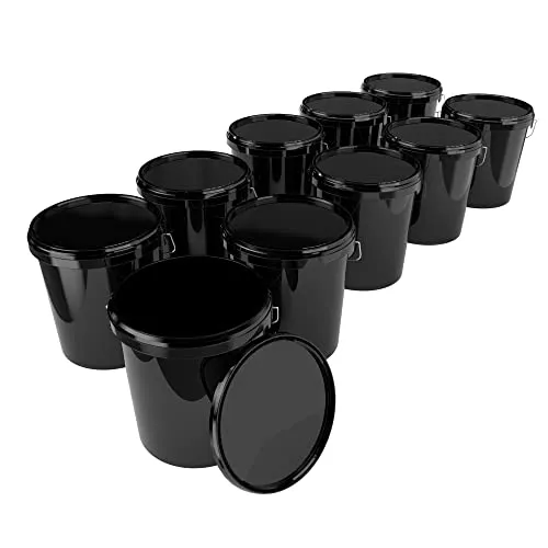 10x Eimer mit Deckel 16 Liter Schwarz - lebensmittelecht luftdicht und stabil, Leer Eimer mit Griff und Verschluss Deckel für Lebensmittel Chemie Wand Farbe Waschpulver Klebstoffe geeignet